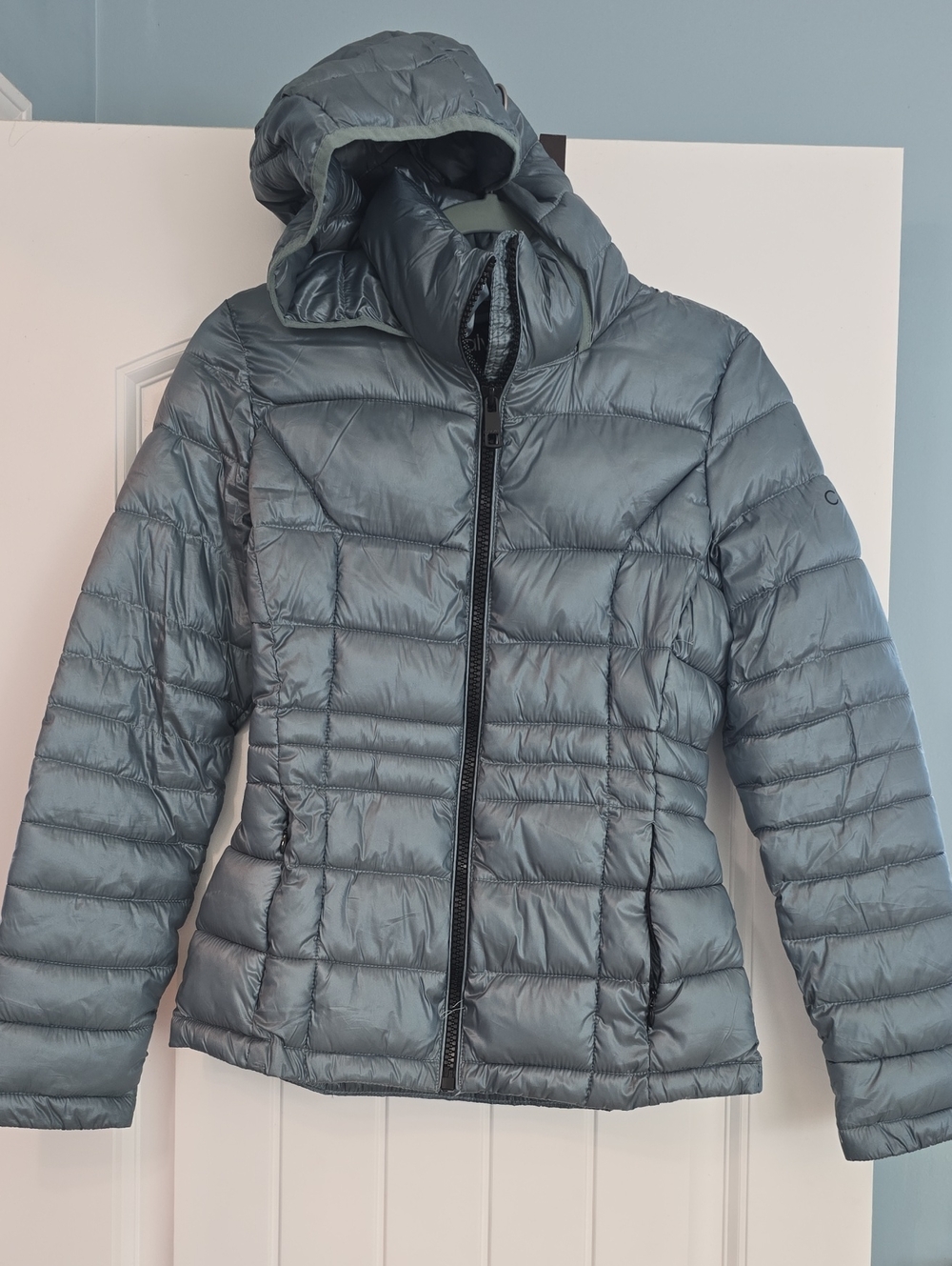 Calvin Klein Women's Hooded Puffer Jacket in Sage Green.
